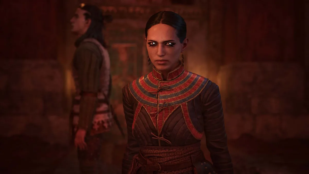 A vampire noblewoman with white eyes in a candlelit room in The Blood of Dawnwalker